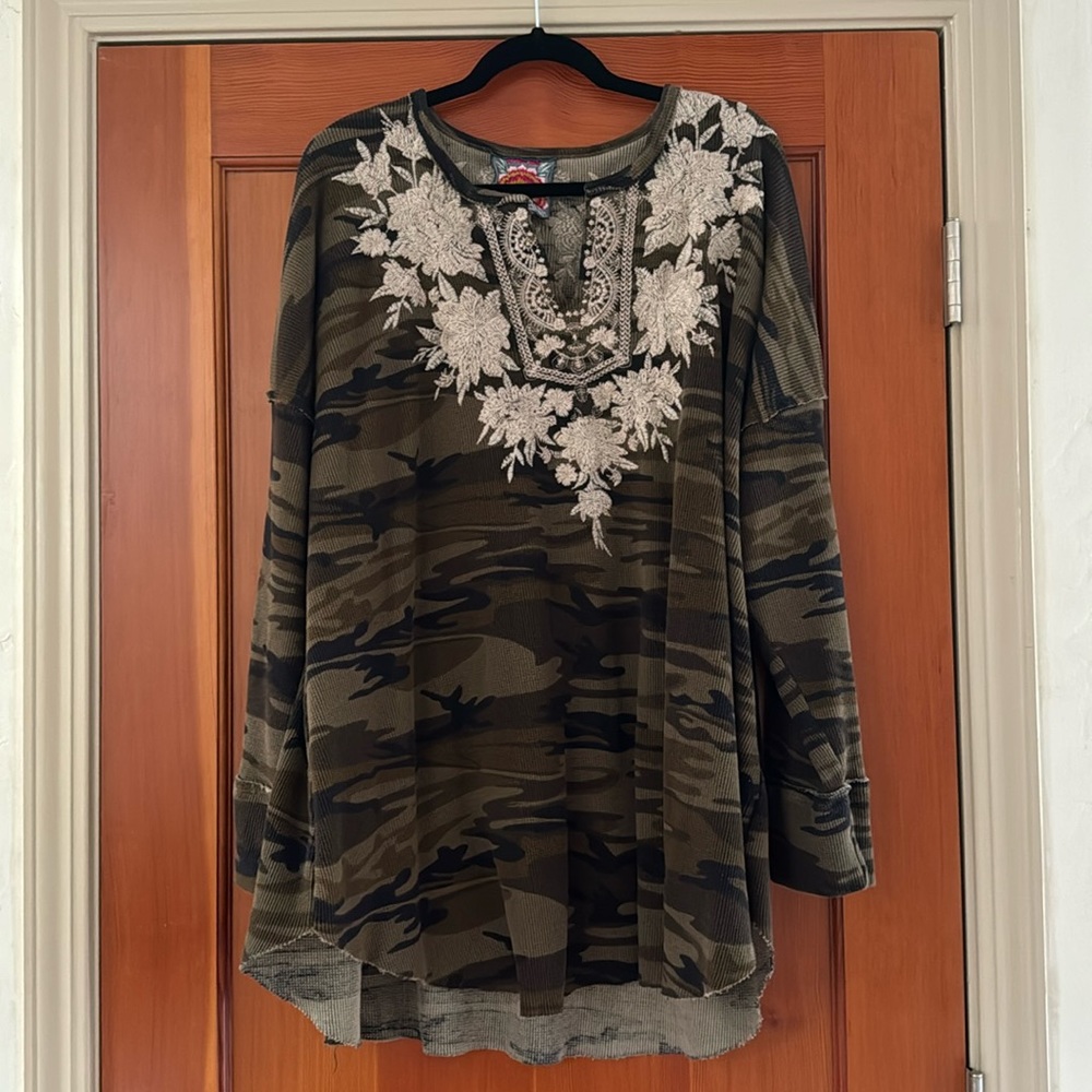 Johnny Was Camo Print Top with floral embroidery